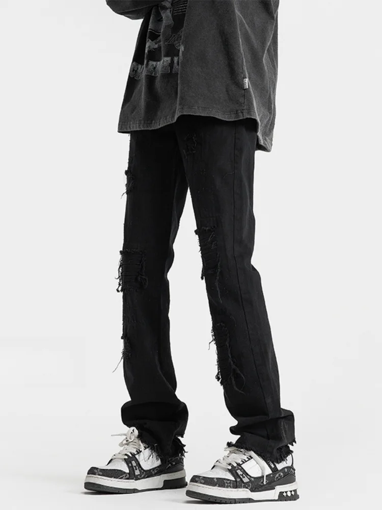 

Retro Hole Denim Jeans Men Summer Thin American High Street Trend Casual Pants Slim Straight Leg Micro Flare Long Trousers