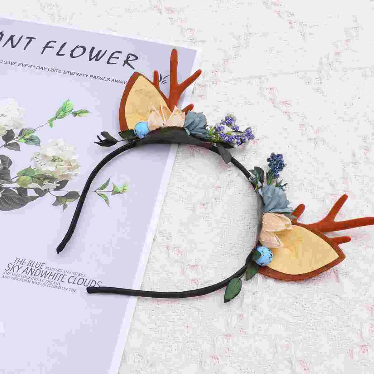 Elk Horn Headband Attractive Hair Accessory Flower Headwear Piece Festive Floral Headdress Christmas Hoop Girls