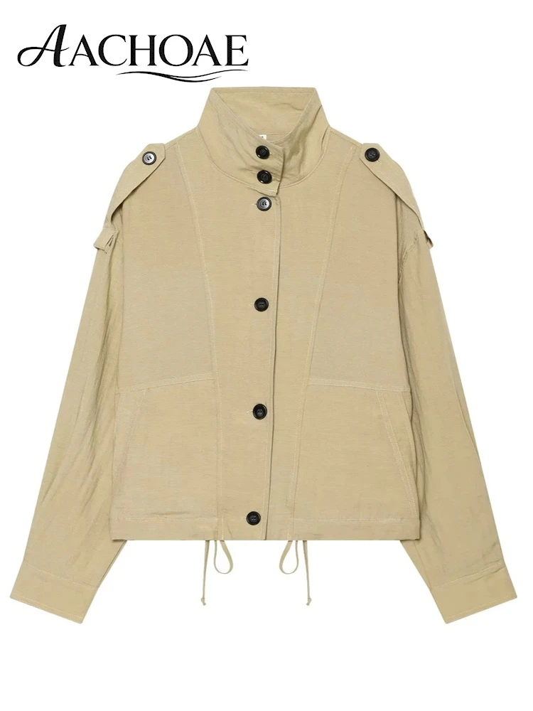 AACHOAE Women's Utility Safari Jacket Stand Collar Button Front Drawstring Hem Casual Coat Long Sleeve Spring Fall Outerwear