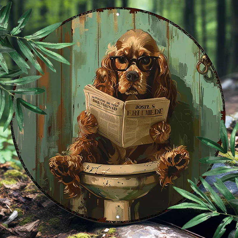 Divertida placa redonda de metal con diseño de Cocker Spaniel leyendo un periódico, decoración de pared vintage, estilo humorístico para baño, hogar u oficina.