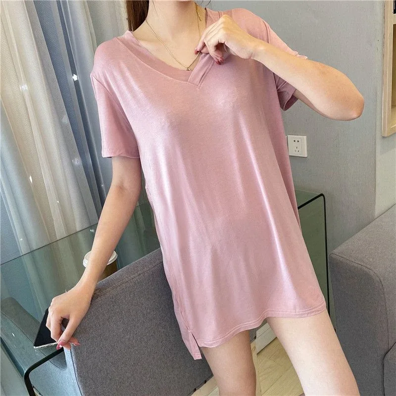 V-neck Solid Color Short Sleeve Thin Can Be Worn Outside Long T-shirt Side Slit Loungewear Loose Modal Summertime New Style Ms.