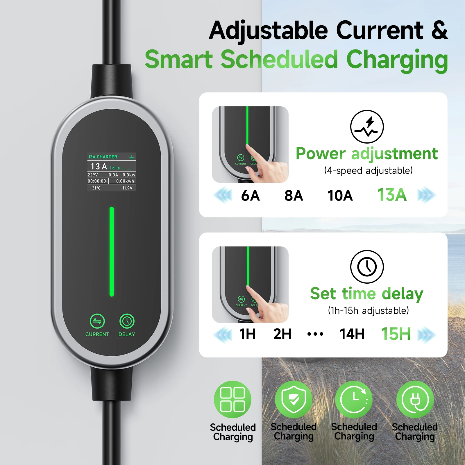 AFEEV Type2 EV Charger WIFI APP Control 16A 3.5KW Type2 IEC62196-2 Portable Charging Box Customizable plug,EU,UK,5-15p plug
