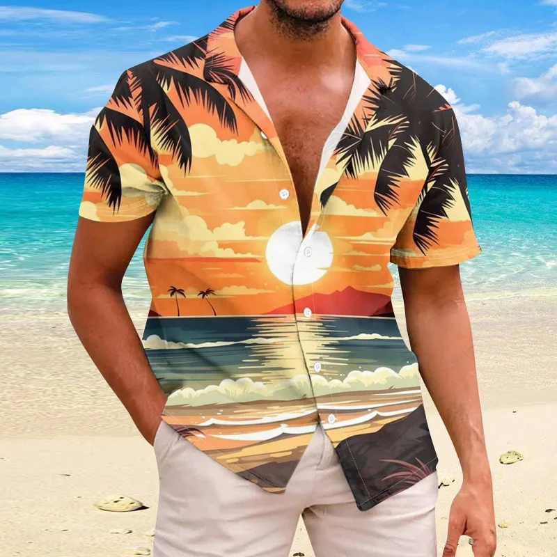 Coconut Tree Pattern Hawaiian Shirt For Men Beach Sunset 3D Print Short Sleeves Summer Oversized Aloha Shirts Lapel Blouses Tops