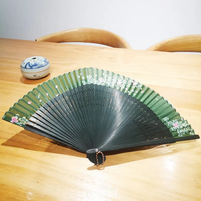 

Neo-Chinese Style Green Cherry Blossom Folding Fan Bamboo Silk Hand Fans Oriental Aesthetics Cheongsam Hanfu Wedding Accessories