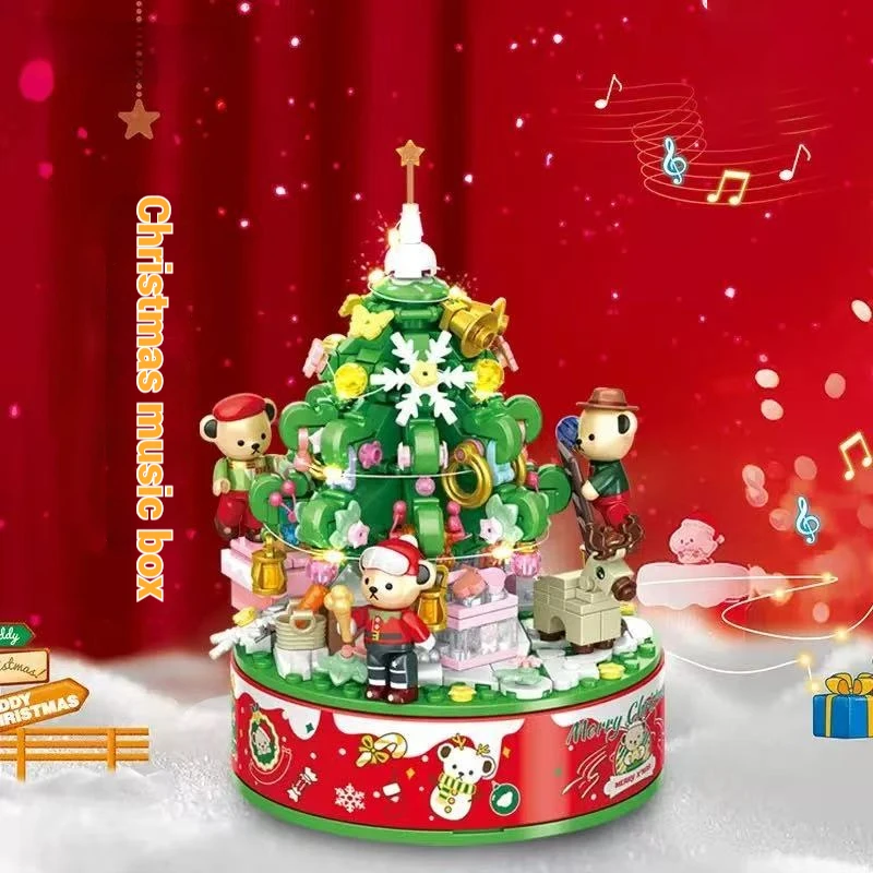 Christmas gift 881305 panda music box model assembly, Christmas tree building blocks assembly, children's DIY holiday toy