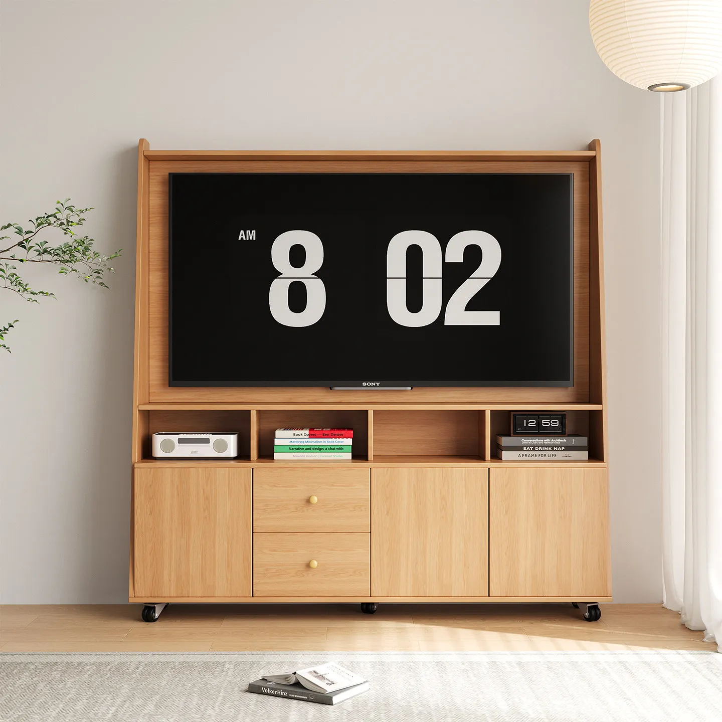 Modern simple mobile TV cabinet storage locker integrated floor small apartment TV bracket cabinet solid wood customization