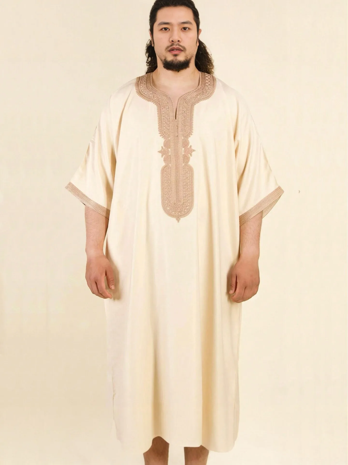 Men's Casual Thobe Kaftan Dress, Beige, Polyester, L-XL