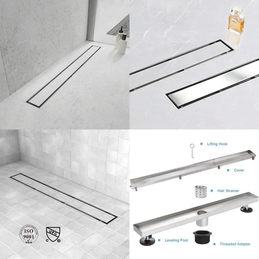 

40 Tile-Inset Linear Shower Drain, 2-in-1 Panel, Brushed Stainless Steel, with Hair Catcher & Adjustable Legs