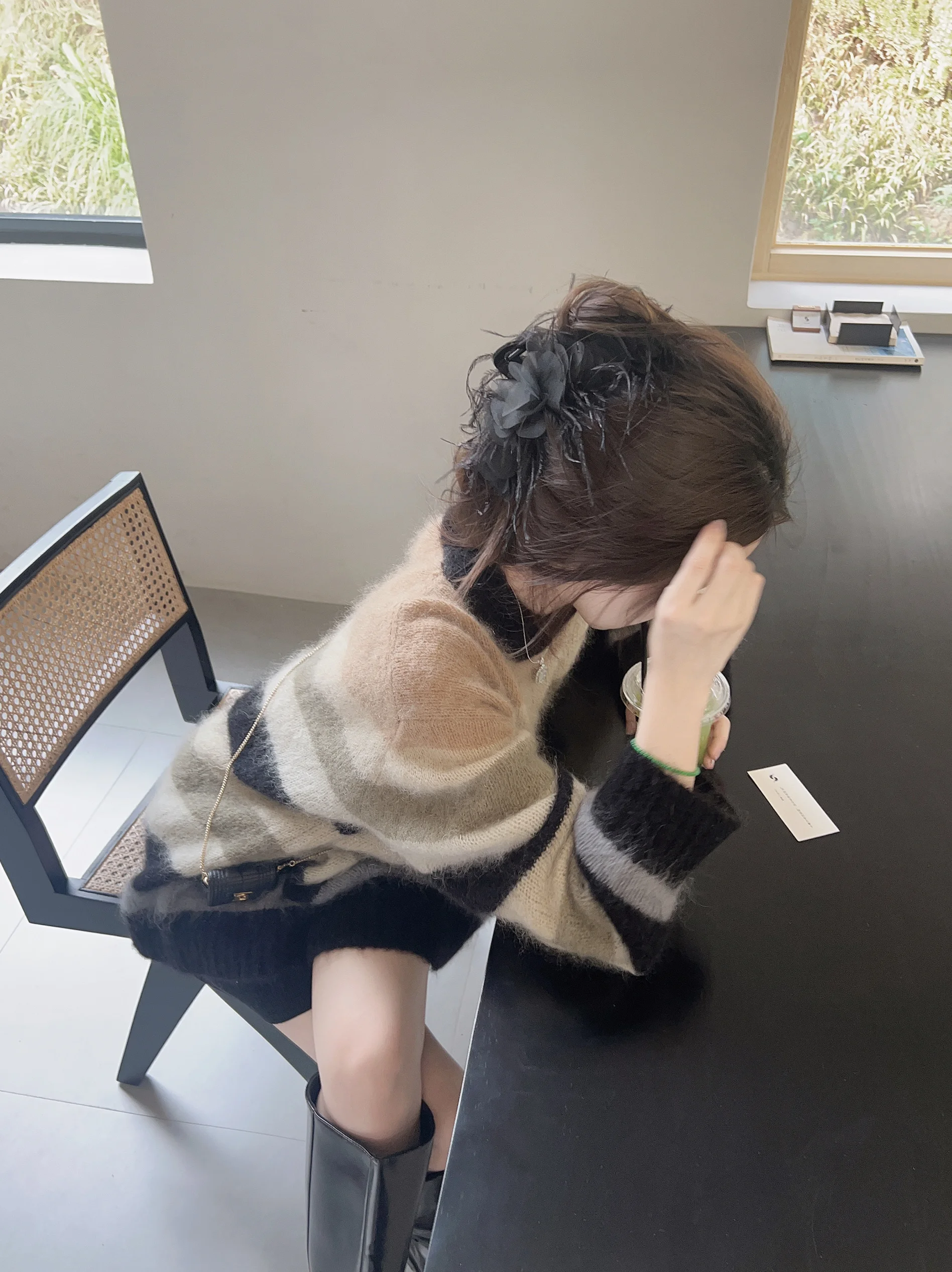 

Autumnal Le Falling Earth Tone Striped Camere Dr Knitted mid Sve Full Wool Bla White Stripe Long T Rain Col Brand