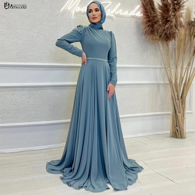 Arabic Dubai Muslim Formal Dress A line Long Sleeve Hijab Evening Dresses Woman Elegant Robes De Soiree Chiffon Party AliExpress