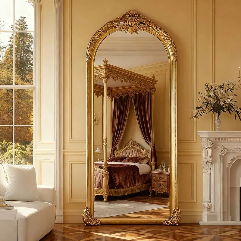 French retro full-body mirror arched floor mirror wooden Nordic style home cloakroom fitting mirror wall-mounted full-length mir