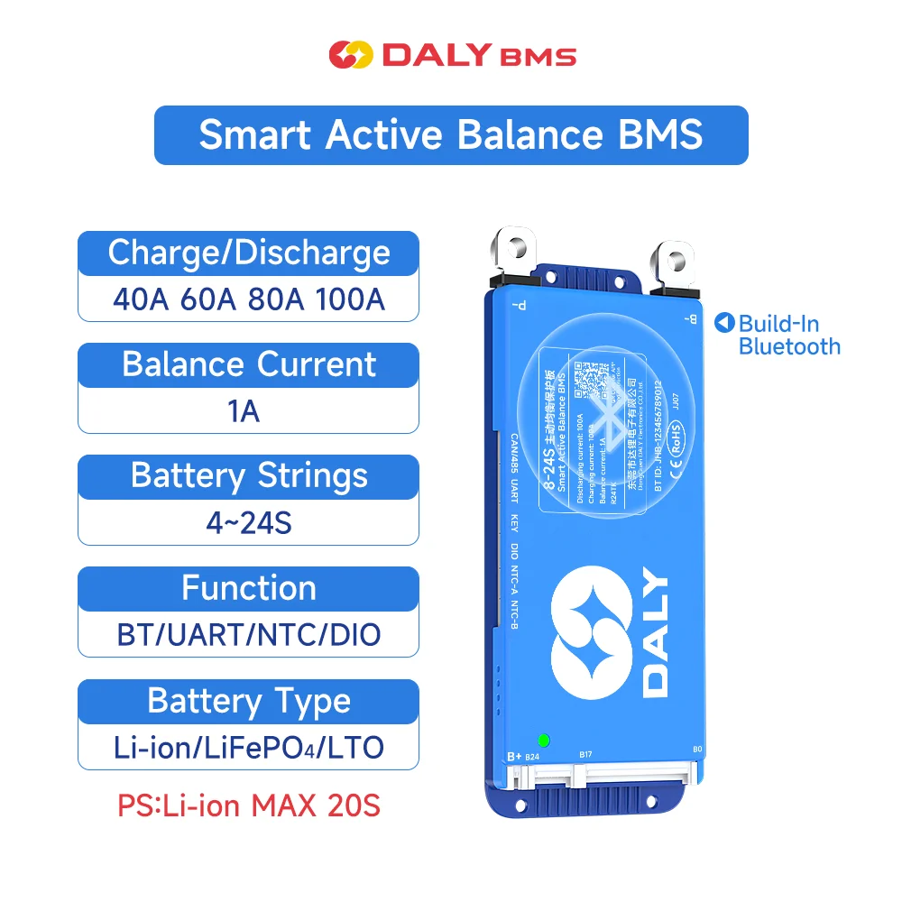 Daly 100a bms 8s-24s inteligente bms bt 1a equilíbrio ativo rs485 bms 4S ~ 8S 8-17s 12v 24v 48v 80a 60a 40a para lifepo4 bateria de íon-lítio