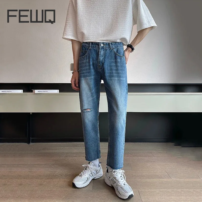 

FEWQ New Men's Jeans Korean Slim Fit Denim Pants Men Versatile Slight Elastic Hole Trousers 2024 Summer Fashion Tide 9C5131