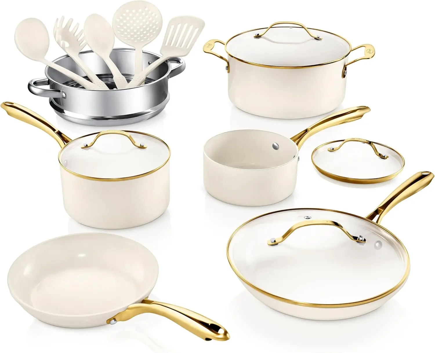 

Pot and Pan Set, Ceramic Cookware Set, Non Toxic Cookware Set, Non Stick Pots and Pan Set Dishwasher Safe, Cream White