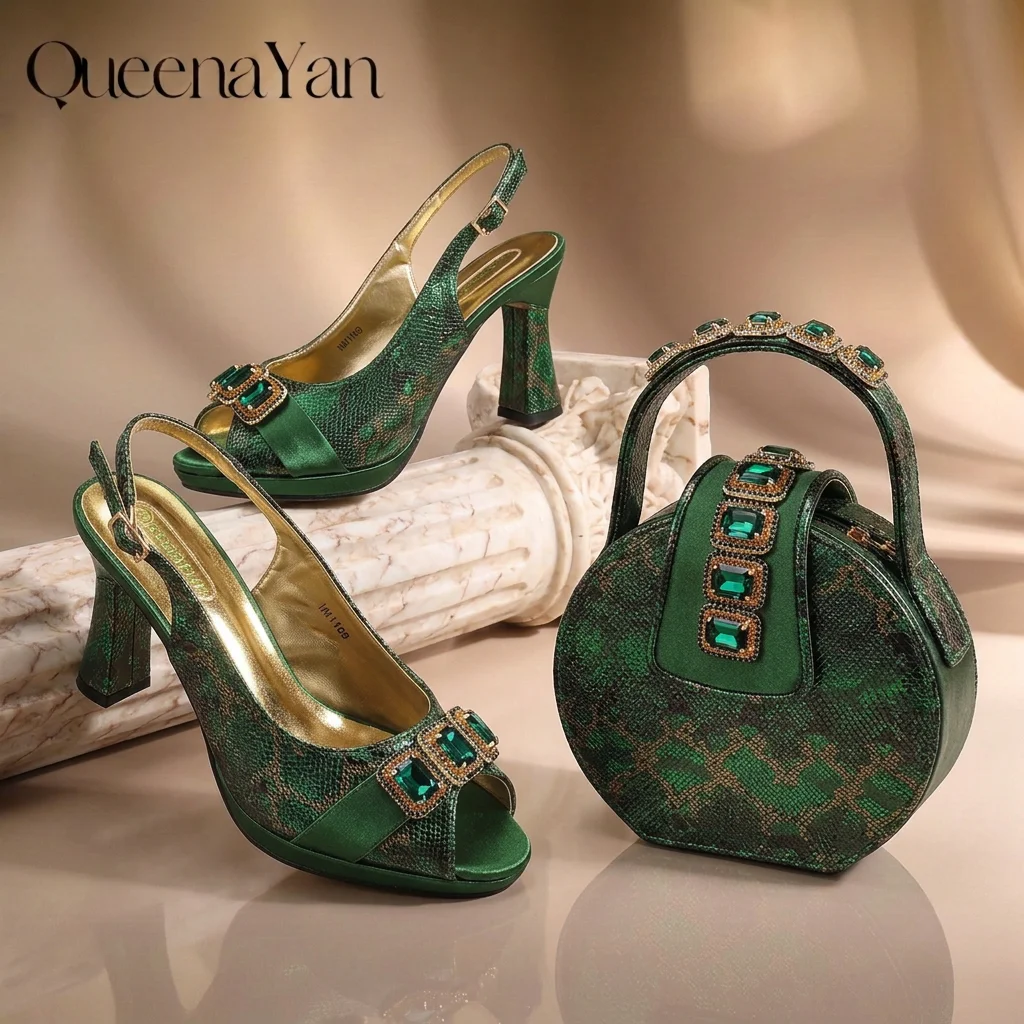 Elegant Green Peep‑Toe High Heel Sandals & Round Handbag Set,Rhinestone Decor Italian Style Women Party Shoes Bag Matching Set
