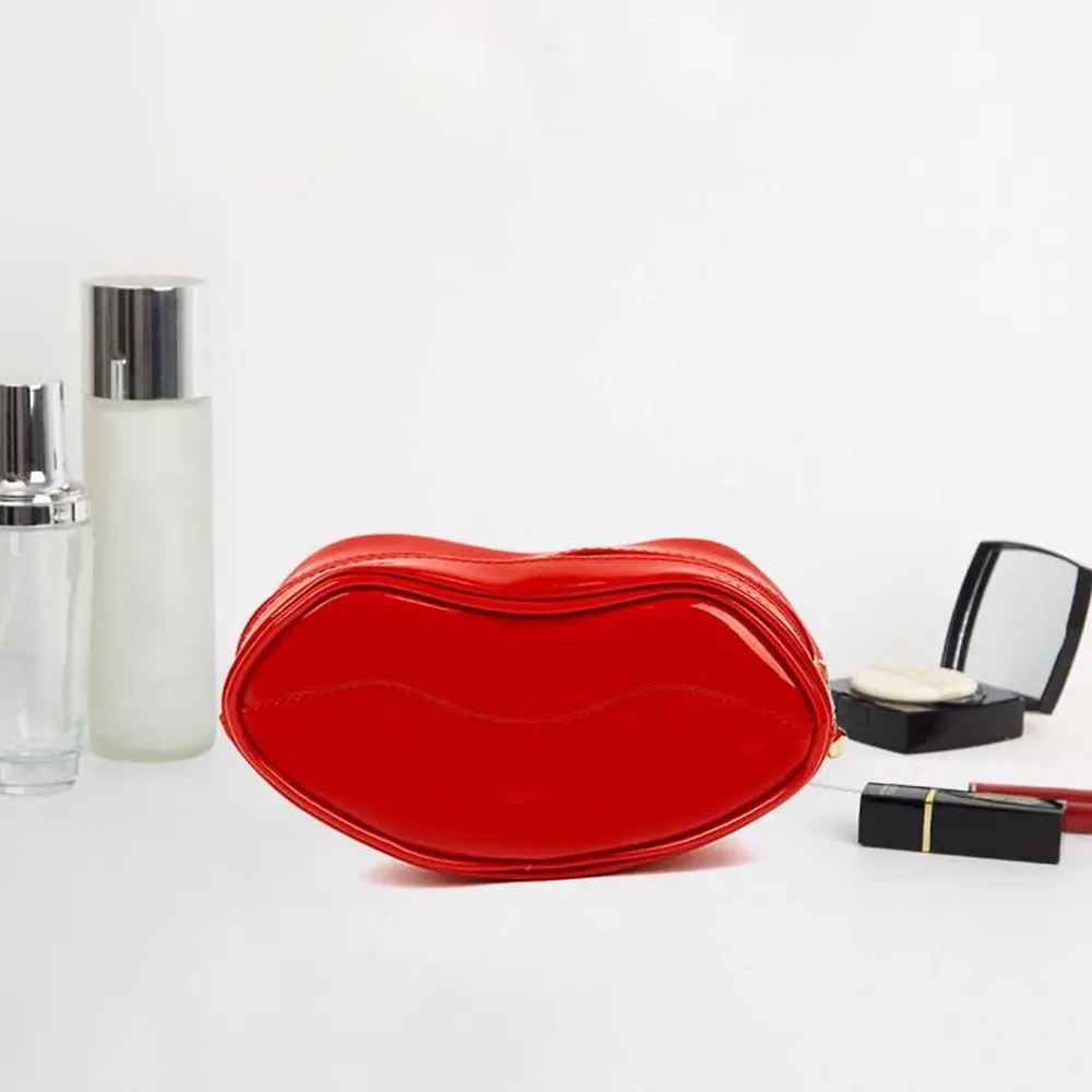 Patent Leather Fashion Sexy Red Lip Shape Cosmetic Bag Female Zipper Travel Large Capacity Storage Bag Casual Makeup Bag