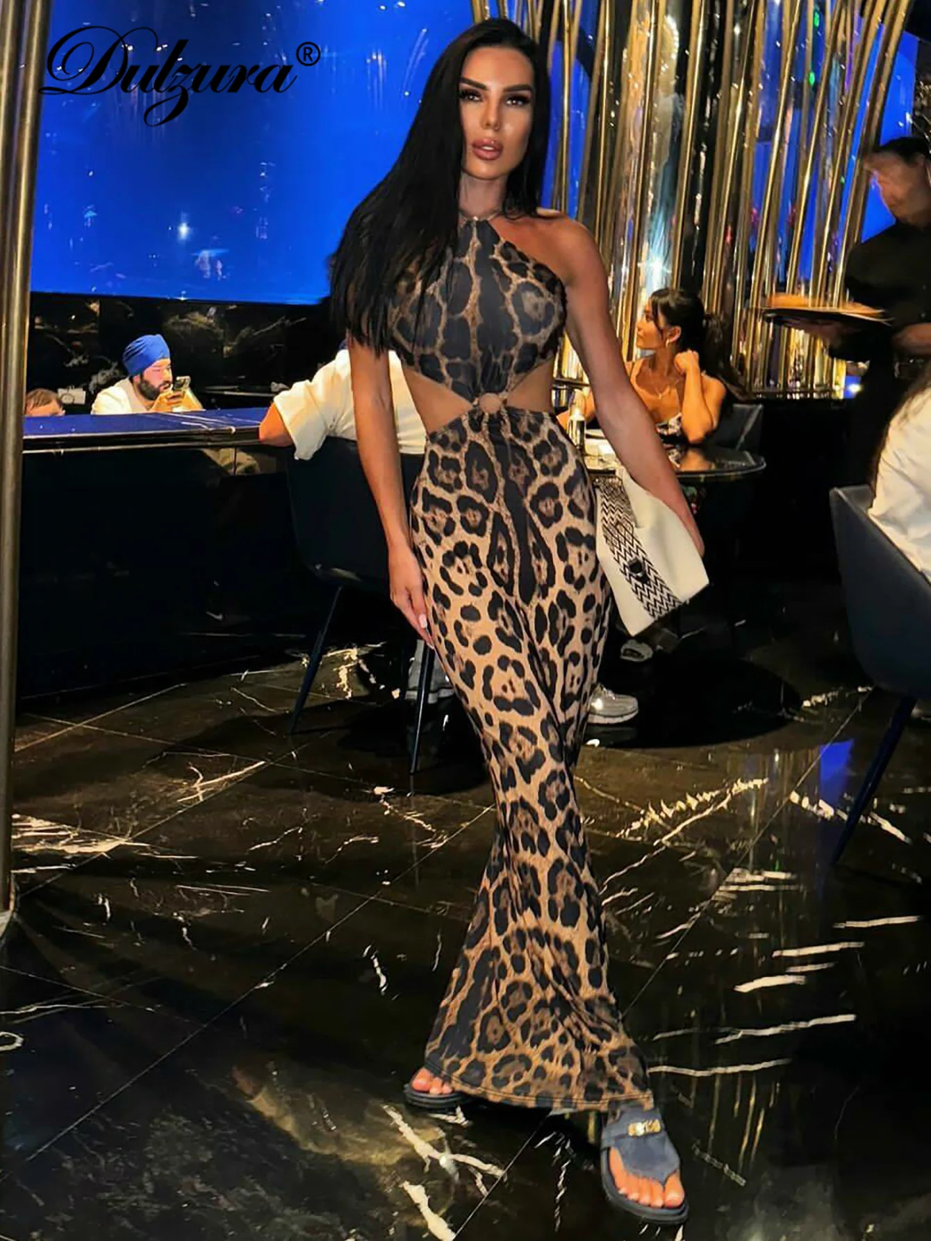 Dulzura Halter Leopard Printed Midi Dress Cut Out Backless Sleeveless Women Sexy Dresses Lady Party Club Beach Nightout Date Y2K