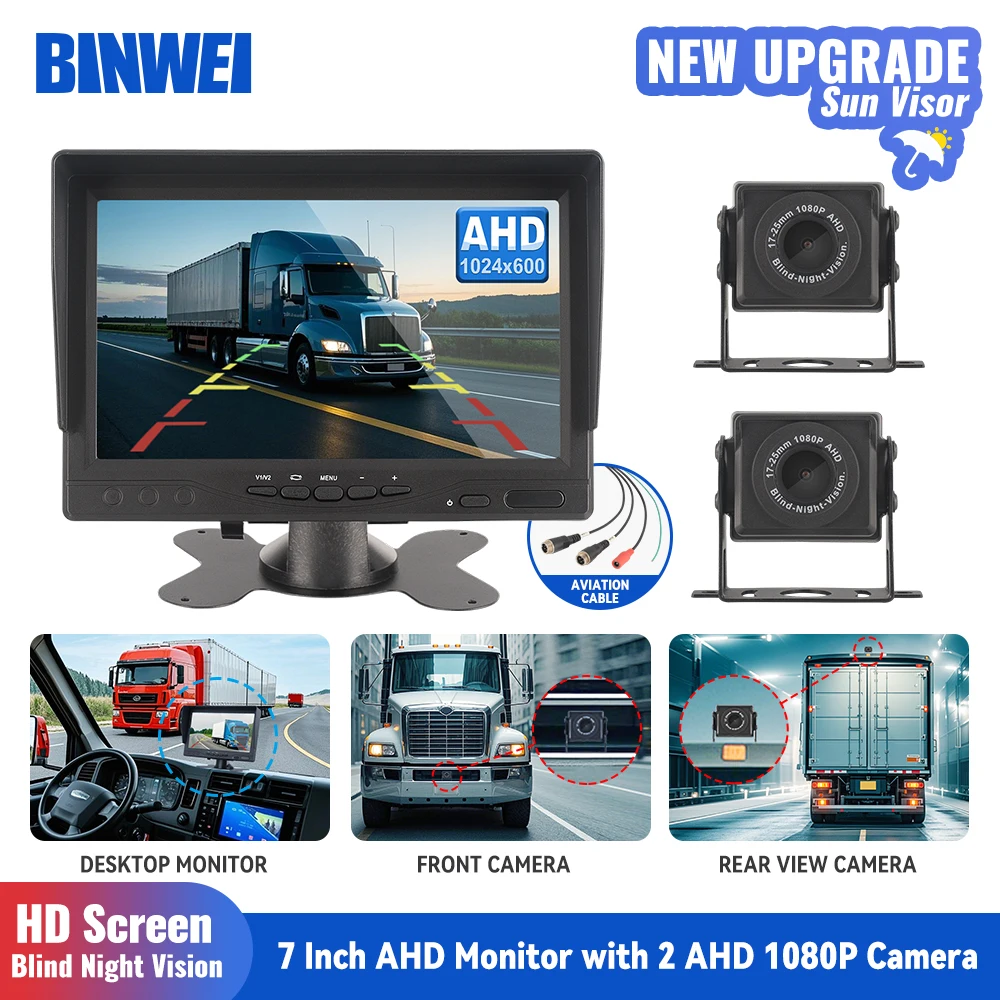 BINWEI AHD 7 inch Car Monitor with Rear View Camera for Truck Parking 12-24V HD Screen 2CH Video for Night Vision 1080p Camera