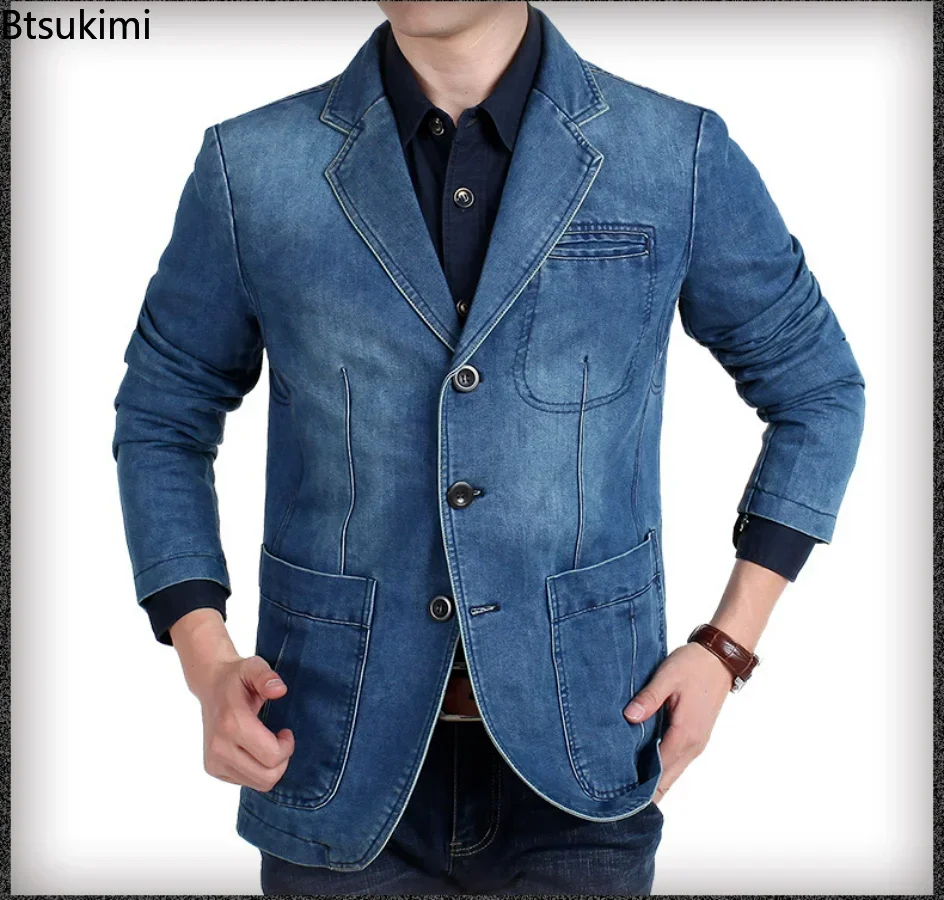 New 2024 Men\'s Denim Suit Jacket Luxury Fashion Casual Denim Jacket Formal Business Slim Fit Brand Men\'s Clothing Coat Jackets