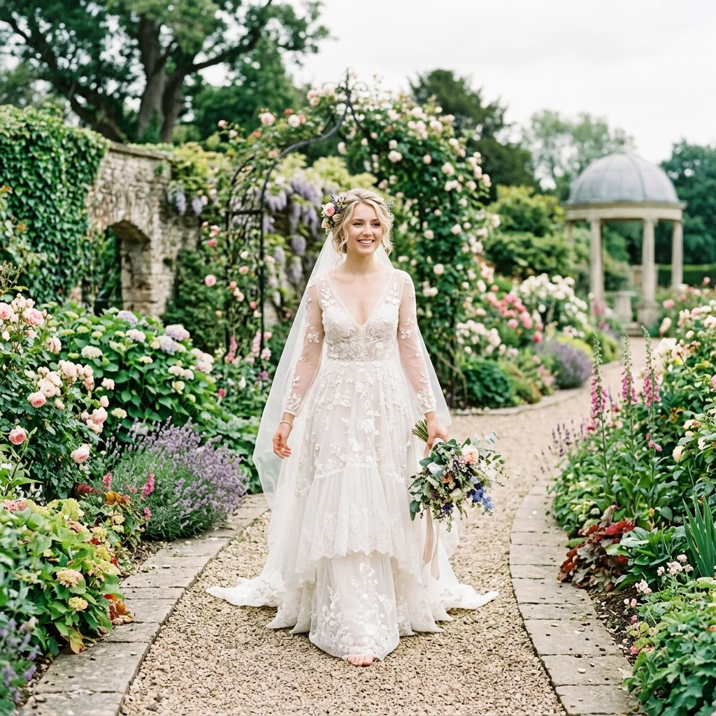 Boho V Neck Long Sleeve Tiered Lace A Line Wedding Dress Floral Appliques Bohemian Garden Bridal Gown