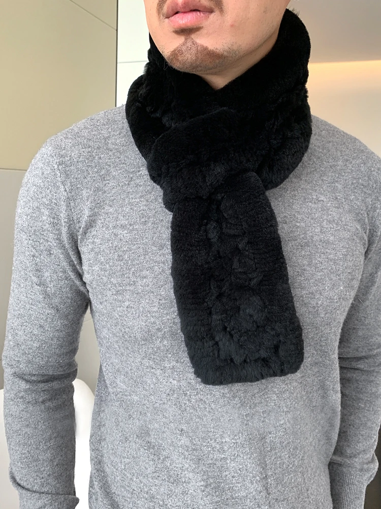 

Men's Real Rex Rabbit Fur Scarf Winter Warm Neckerchief Wraps Soft Hollow out weaving