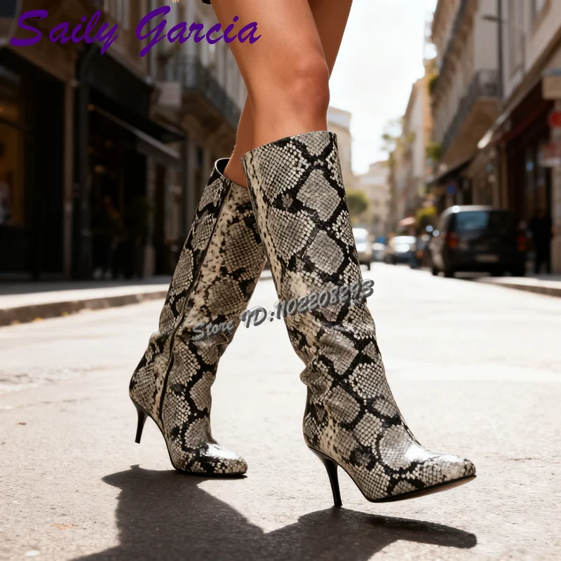 

Sexy Snakeskin Knee-high Boots Round Toe Slip-on High Heeled Boots 2025 Autumn New High-top Fashion Women's Shoes Street Style
