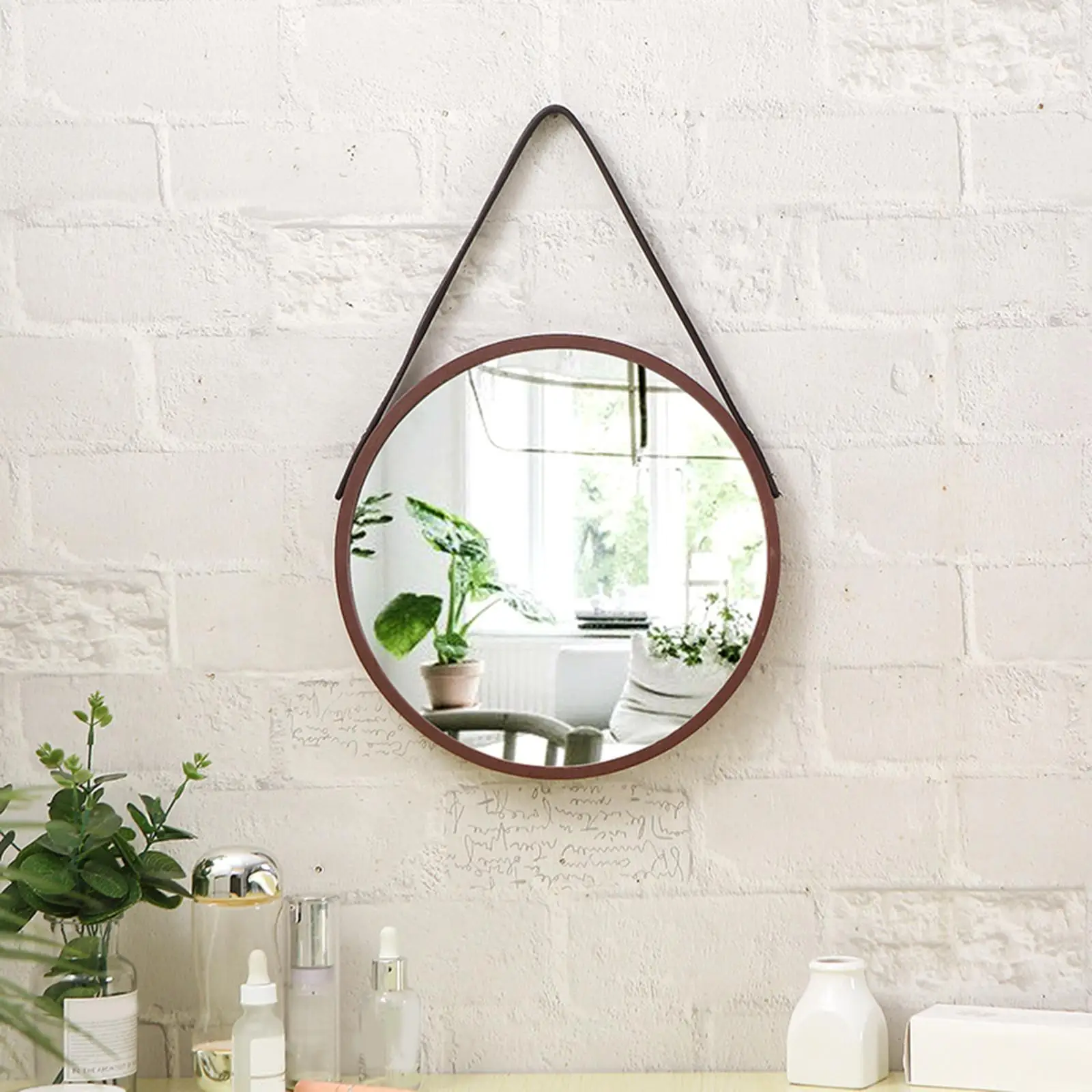 Hanging Mirror Wall Mounted Wood Framed Ornament Makeup Mirror  Circle  for Entryway Dresser Bathroom Dorm Decor