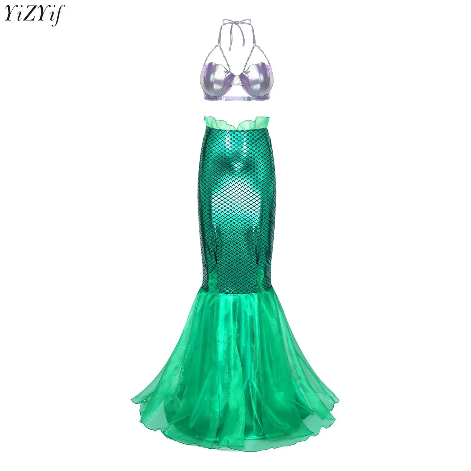 

Women Mermaid Dress-up Costume Shell-shaped Cups Bra Top+Fish Scale Print Metallic Shiny Maxi Skirts for Halloween Cosplay Party