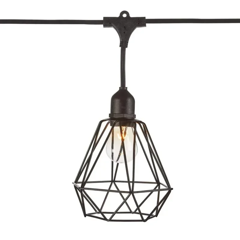 

20-Foot patio light with 10 clear incandescent bulbs inside the metal bridle, string lights inserted for the porch market cafe