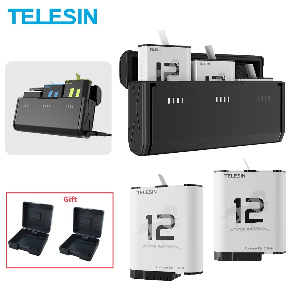 

TELESIN Portable Pocket 1750mAh Endurence Battery For GoPro Hero 12 11 10 9 Stamina Enduro Battery 3 Slots Storage Charger Box