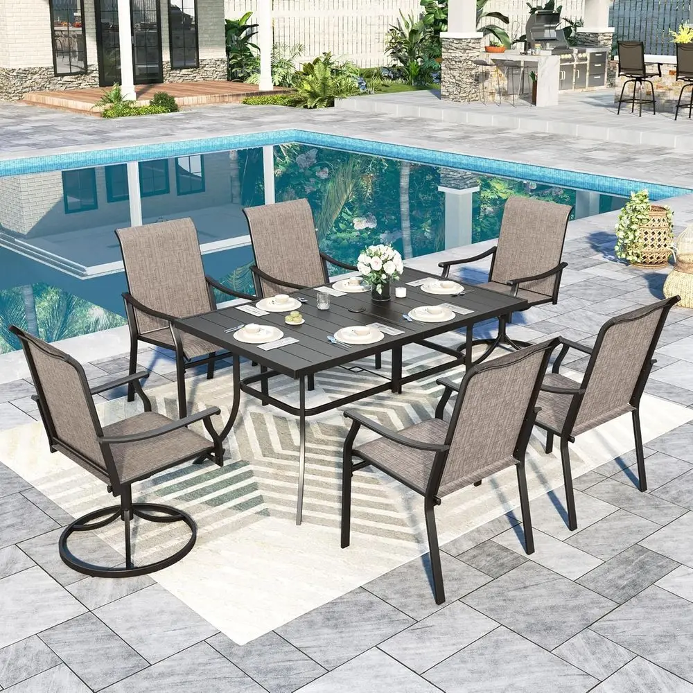 

7-Piece Outdoor Dining Set: 4 Chairs + 2 Swivel Chairs, 59 Table, Ideal for Patio, Lawn, Park