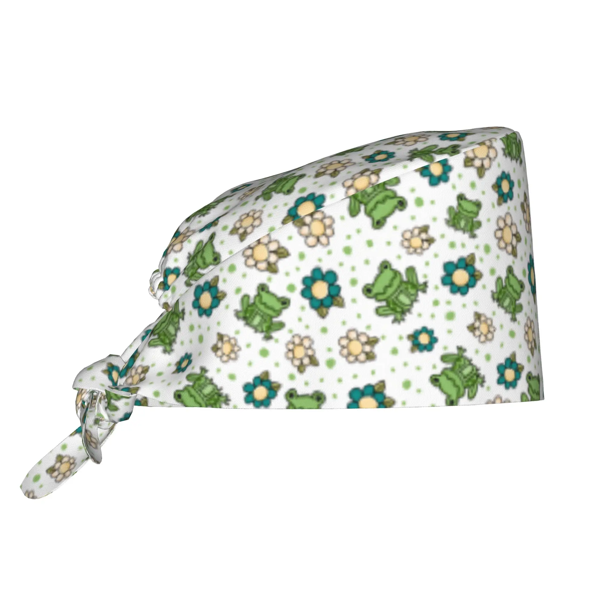 Adjustable Flowers and Green Frogs  Working Hat Women Men Animal Lover  Scrub Caps Scrub Nursing Doctor Surgeon Cap for Chef