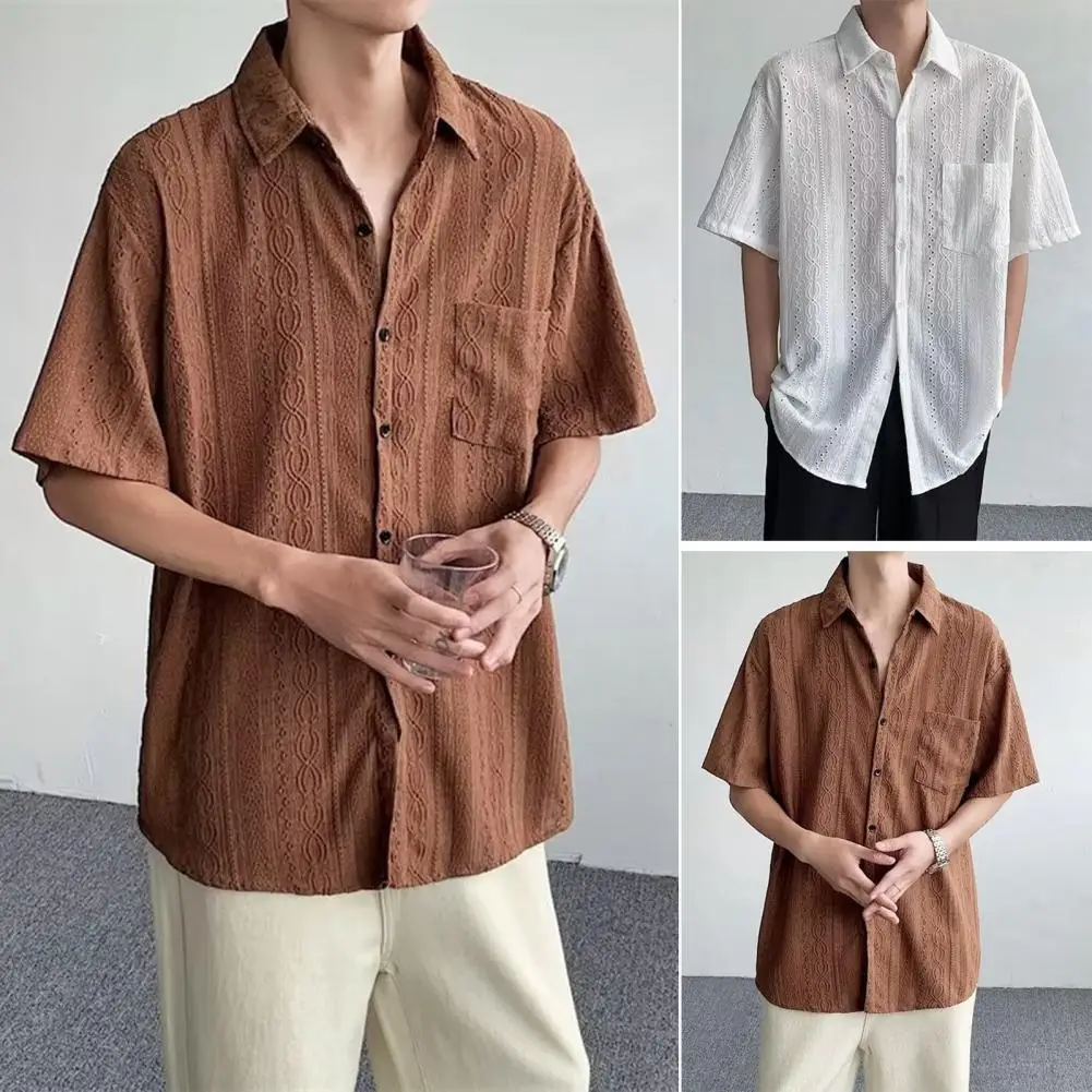 Men Loose Fit Shirt Men's Hollow Out See-through Party Shirt with Retro Chest Pocket Loose Fit Streetwear Club Style for Male