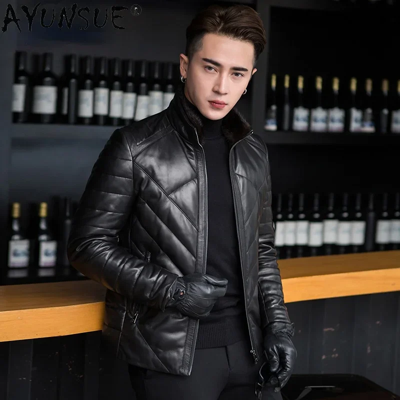 

AYUNSUE 2021 Short Genuine Sheepskin Leather Jacket Male Winter Real Mink Fur Collar White Duck Down Coat Men Veste Homme Gxy774