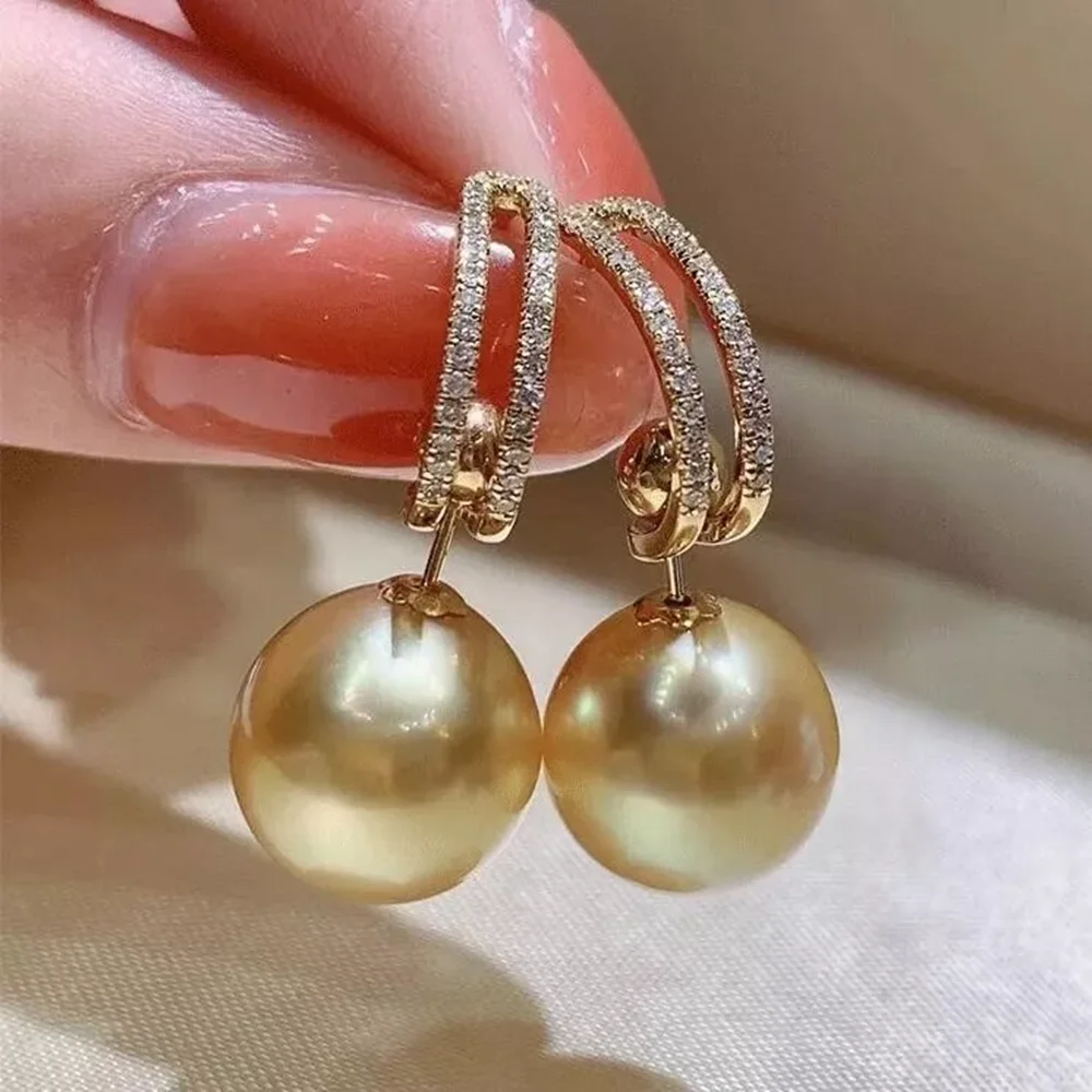 Gorgeous AAAAA 10-11 mm Natural Gold South Sea Round Pearl Earrings 925S 9-10mm 11-12mm