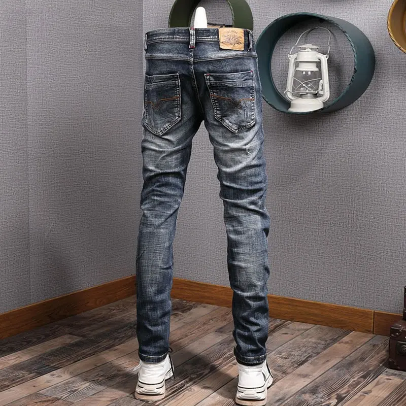 Italian Style Fashion Men Jeans High Quality Retro Black Blue Elastic Slim Fit Ripped Jeans Men Vintage Designer Denim Pants