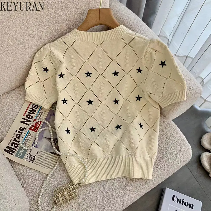 Star Embroidery Hollow-out Short Sleeve Sweater Women\'s Knitted T-Shirts Summer 2023 New Vintage O-Neck Knitwear Crop Tops Tees