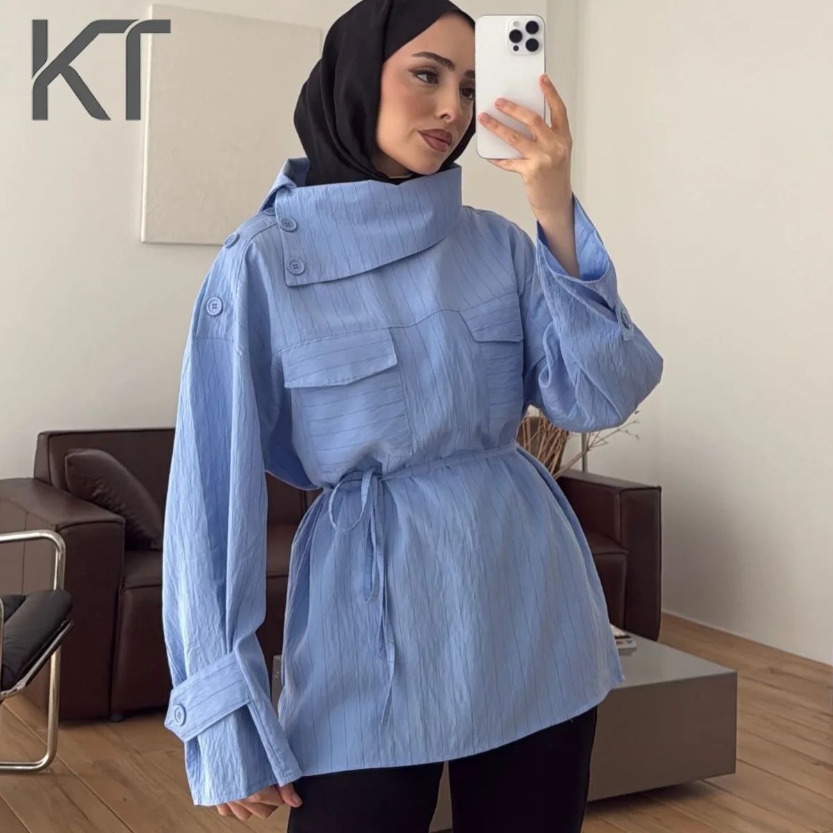 

KT Elegant Modest Muslim Blouse For Women High Neck Drawstring Waist Oversized Long Sleeve Striped Pocket Daily Wear Tops