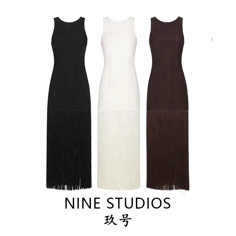 Vestido Sexy Largo sin Mangas con Falda Tipo Frock NINE ZAR, Vestido de Moda para Mujer, Corte Ajustado, Espalda Descubierta, Detalle de Borlas, Fibra de Poliéster, Cintura Media Alta