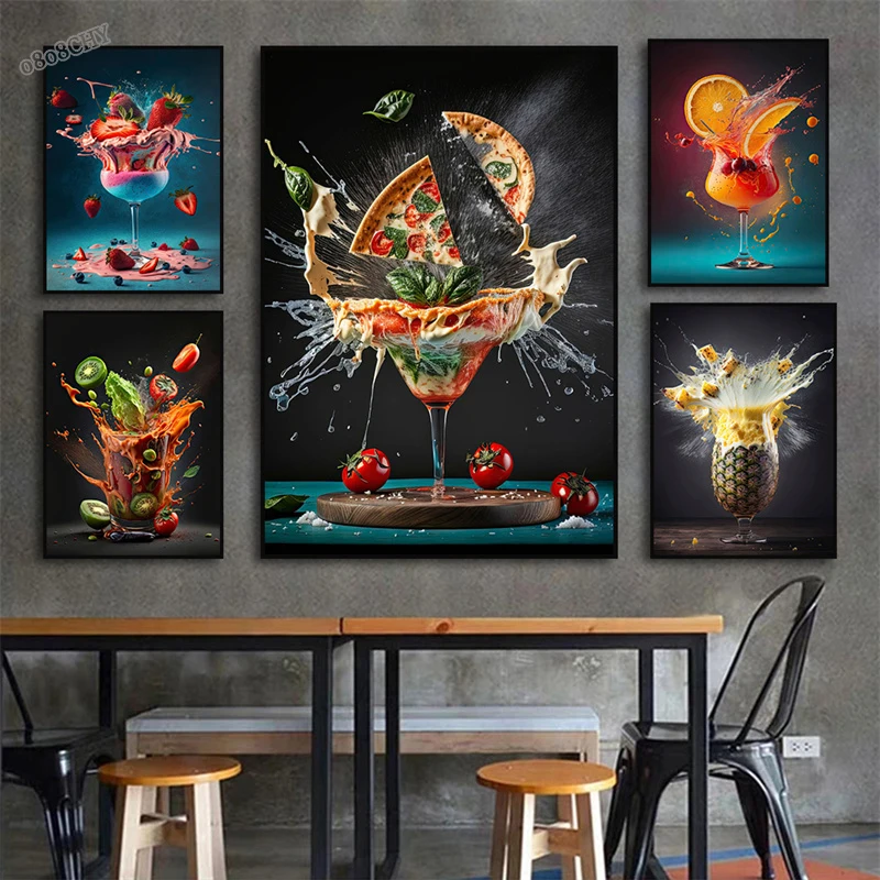 Canvas Wall Art Modern Retro Dining Bar Coffee Shop Decor Painting Cocktail Explosion Pictures Fruit Pizza Coffee Splash Posters