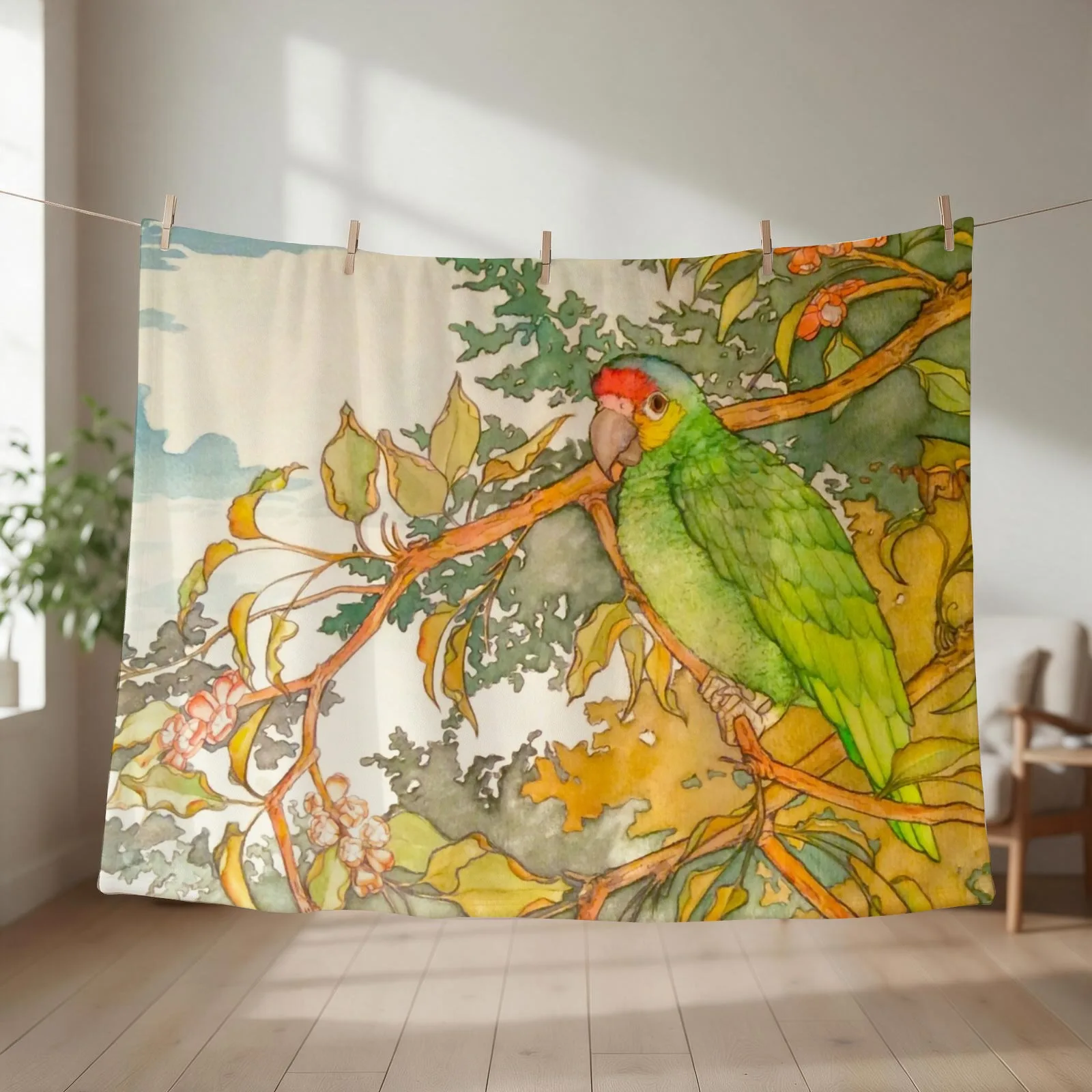 Red Lored Amazon Parrot Watercolor Throw Blanket couch cozy soft plush fuzzy picnic outdoor blanket