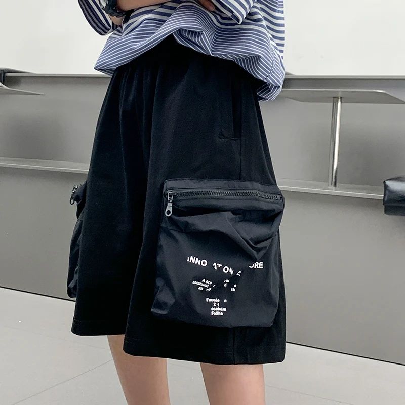New Summer Kids Child Black Cargo Shorts with Side Pocket for Teenage Boy Casual Knee Length Cotton Capris Pants 5 6 7 9 12 14 Y