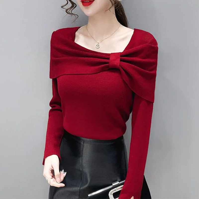 Autumn Winter Elegant Fashion Bow Sweater Ladies Slim Solid Color Slit Knitting Pullovers Women\'s Vintage All-match Jumpers Top