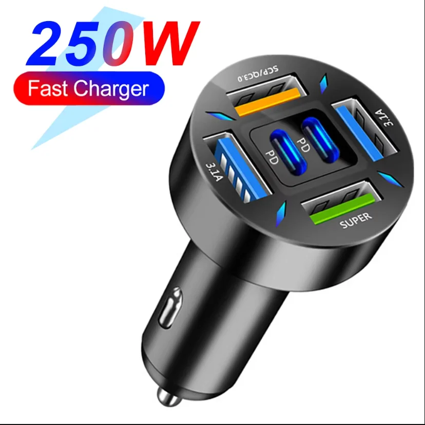 250W PD Autoladegerät QC3.0 Schnellladung Zwei- bis Sechs-Port Auto-Zigarettenanzünder-Stecker Autoladegerät Blitzladung mit Digitalanzeige