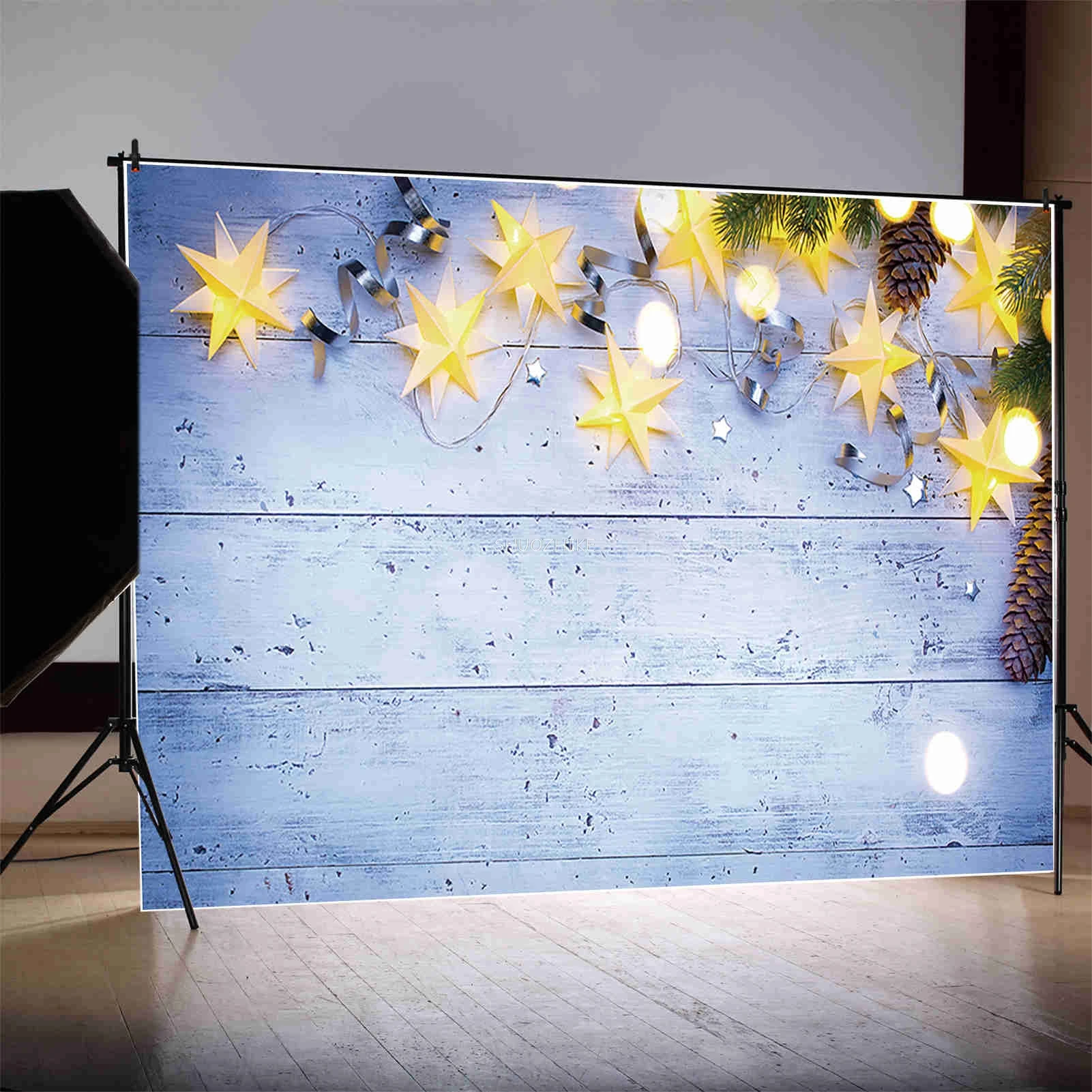 Christmas Pine Wooden Backdrop Boards Wood Product Photography Background Ornament Star Lighting Snowflake Shooting Prop