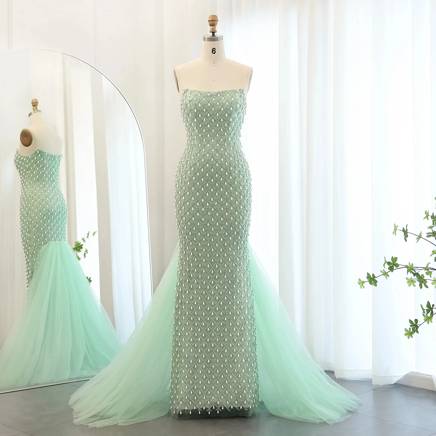 Jancember Crystal Pearls Mermaid Sage Green Evening Dress with Cape Arabic Dubai Elegant Women Wedding Party Gown SZ431