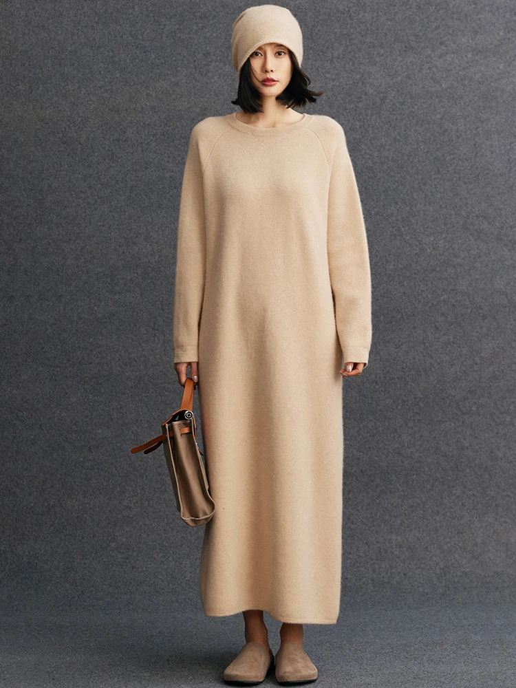TLOML النساء 100% فساتين سترة الكشمير المعنقة س الرقبة قطعة واحدة فساتين الخريف الشتاء سميكة لينة الكشمير تريكو فضفاض أسلوب بسيط #4