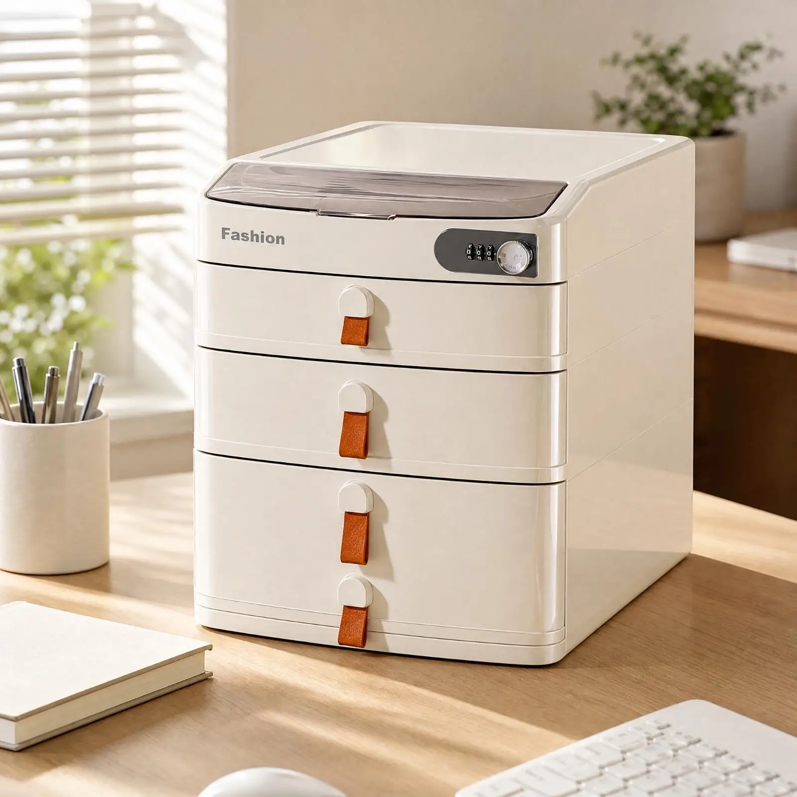 Lockable PP Storage Cabinet 4 Tier Drawer Organizer with Flat Top Surface for Study Bedroom Commercial Desk Use Secure