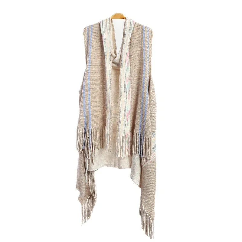 Autumn Winter Imitation Cashmere Tassel Shawl Scarf Women Dual-use Cardigan Fashion Street Poncho Lady Capes Beige Cloaks