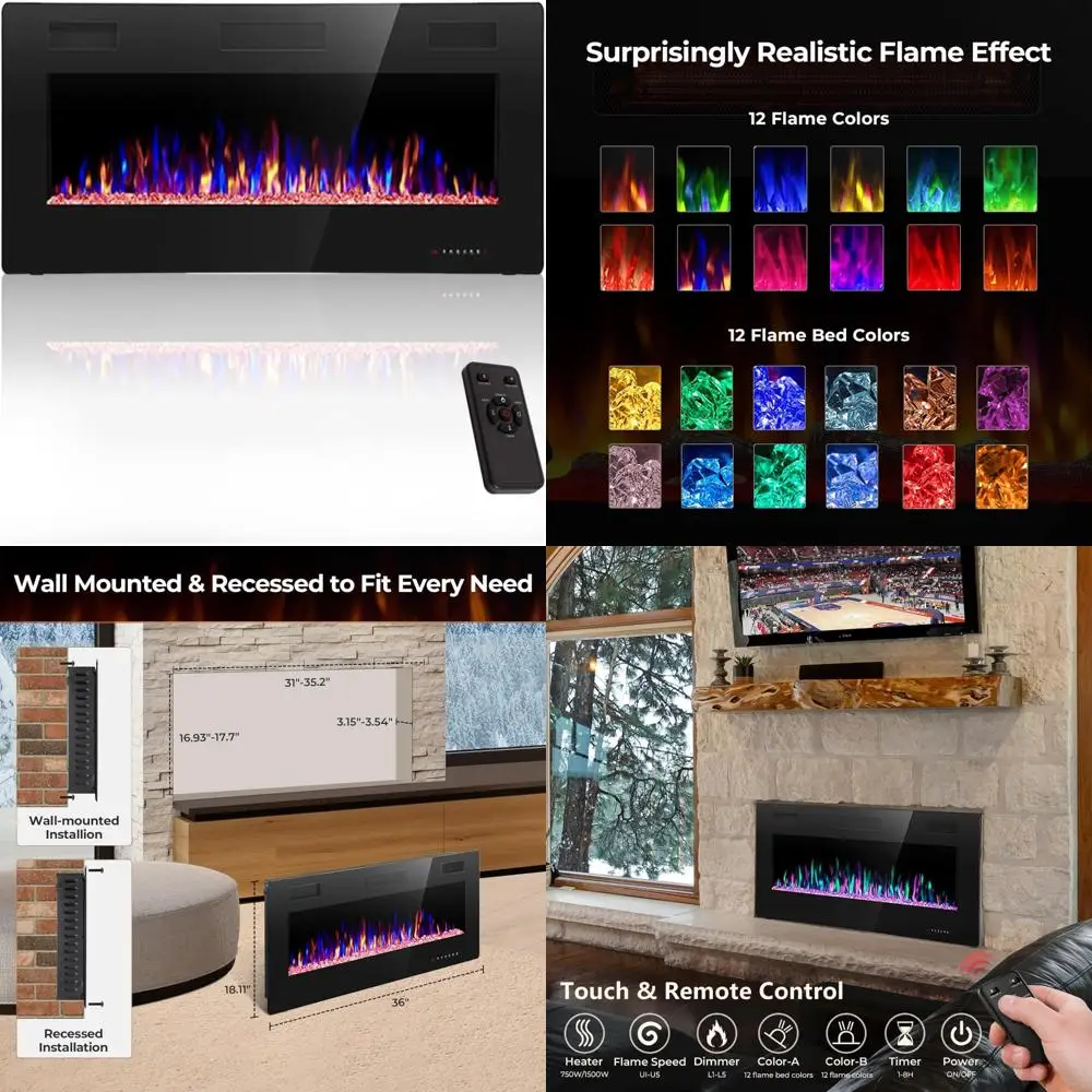 

Croze Electric Fireplace Heater: Recessed & Wall-Mounted with Remote, Timer, Adjustable Flame Color and Speed